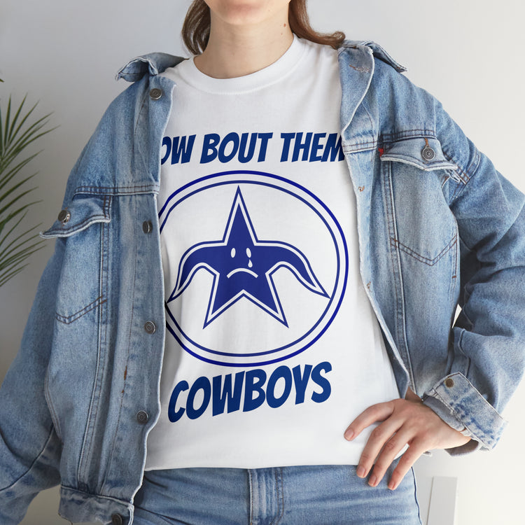 How Bout Them Cowboys tee with the crying star, worn with a denim jacket